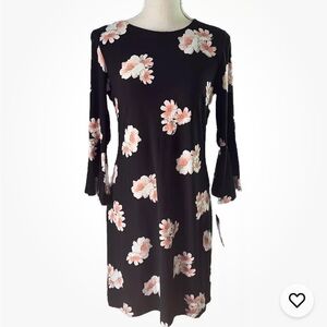 NWT Tommy Hilfiger Knee Length Black Floral Dress 3/4 Bell Sleeves Size 2